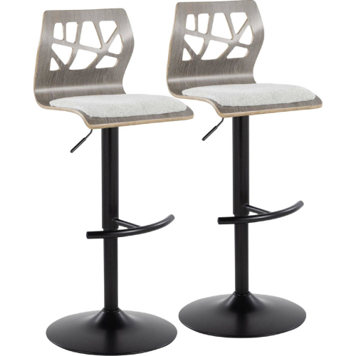 Folia Adjustable Swivel Bar Stool in Black Metal, Light Grey Wood & Light Grey Fabric (Set of 2)